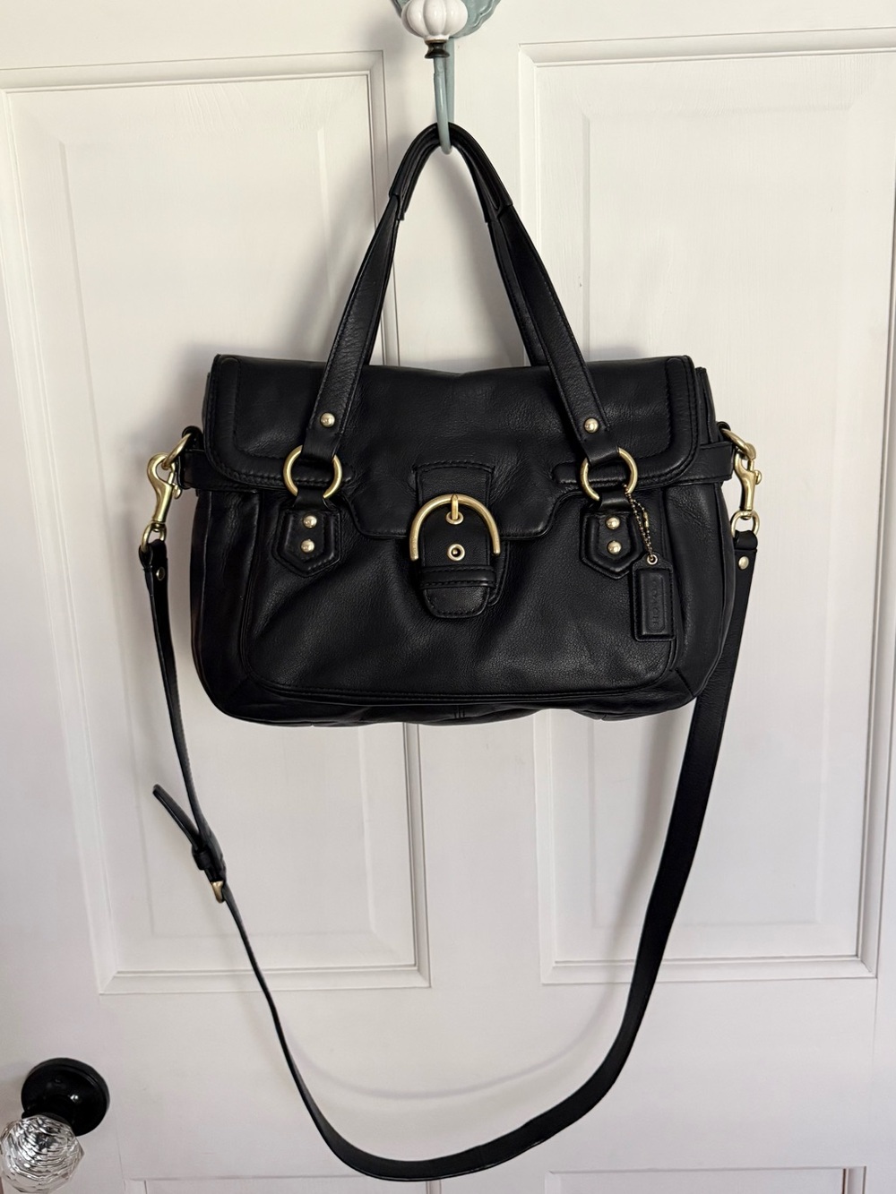 COACH Campbell Black Leather Eva Flap Satchel Bag Purse Boho F27231